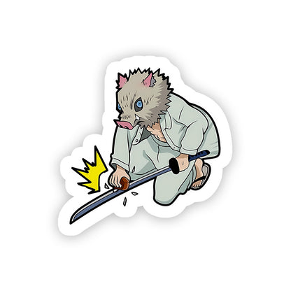 Inosuke sharpening sword Demon Slayer Stickers